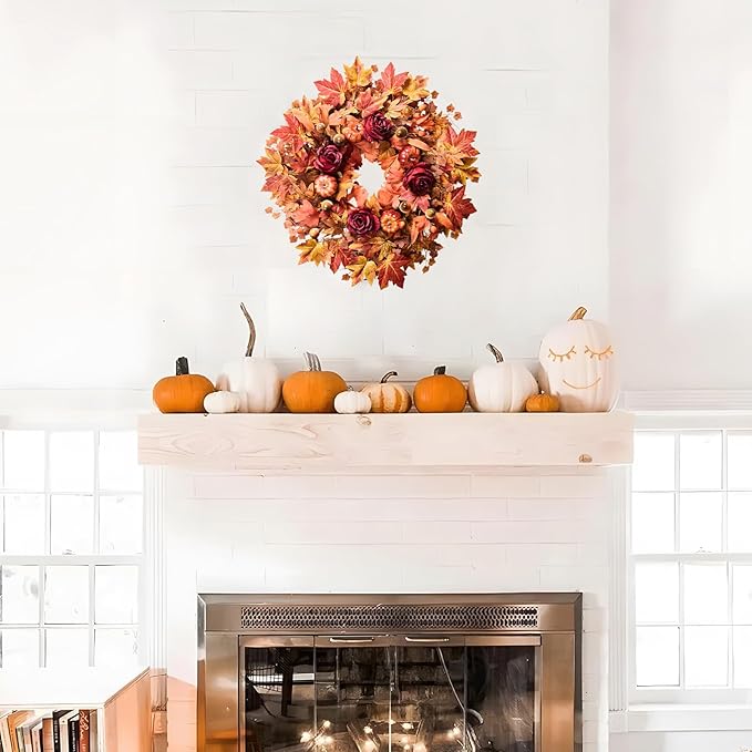 26'' Large Fall Wreath for Front Door, Autumn Wreaths for Outdoor Home Decor - Farmhouse Wreath with Maple Leaves, Pumpkins, Roses, Thanksgiving Decoration, Rustic Harvest Festival Door Hanging-Ruum Studio Home
