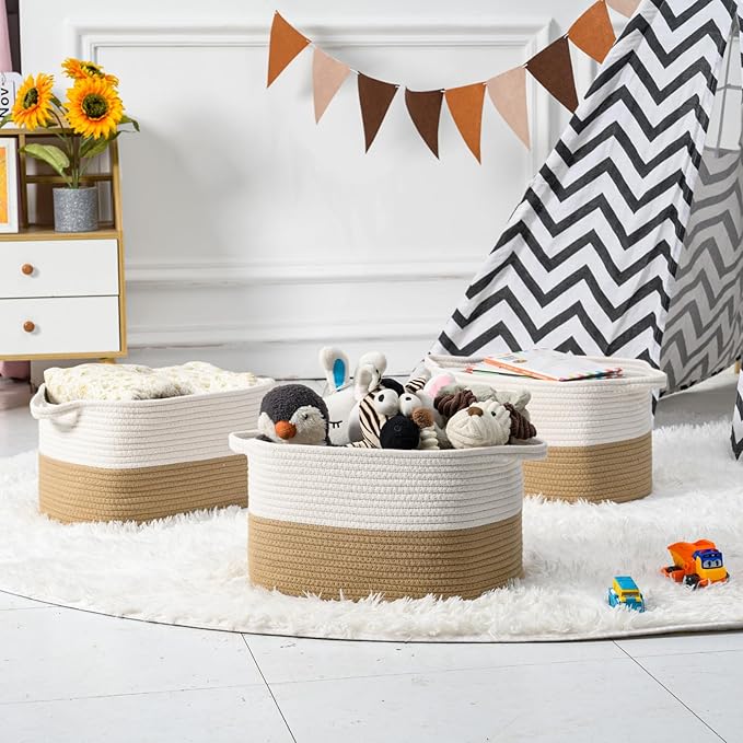 Cotton Rope Woven Storage Basket, Used for Baby Hamper Toy Organizer, Gift Baskets Empty,Kids Laundry Basket,Baby Blanket Storage. Size 15x10x8.7 Inches. (White&Khaki-3PCS)-Ruum Studio Home