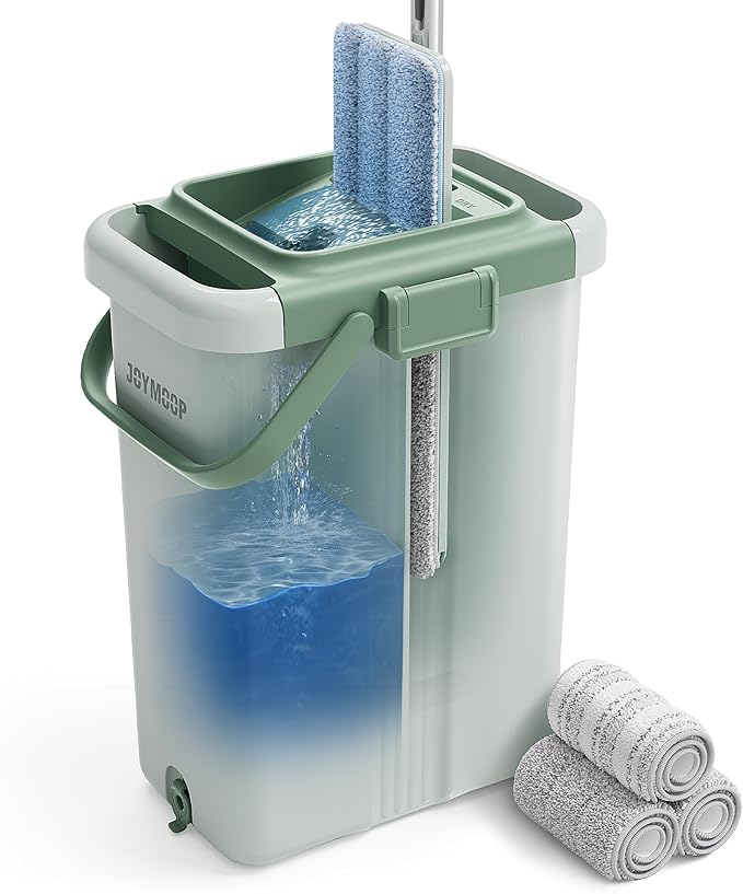 JOYMOOP Mop and Bucket with Wringer Set, Flat Squeeze Mop with Bucket (X-Large), Dust Mop for Wall Cleaner with Long Handle, Microfiber Mop - Green Bucket with 3 Reusable 15" Pads-Ruum Studio Home