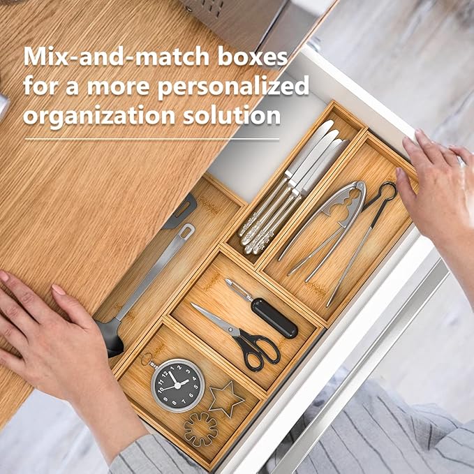 Bamboo Kitchen Drawer Organizer,Stackable Silverware Tray Utensil Organizer Cutlery Holder for Kitchen,Wooden Storage Box for Bathroom, Multi-Use Storage Bins Boxs Dividers for Office(9x6x2.5 inch）-Ruum Studio Home