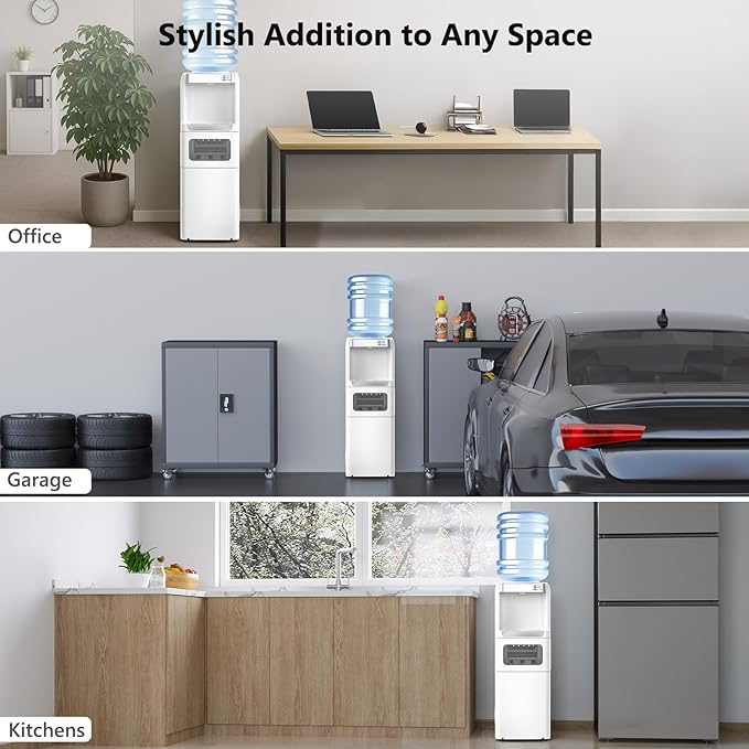 Water Dispenser with Ice Maker Function, Top Loading Hot and Cold Water Cooler for 5 Gallon Bottle - Includes Child Safety Lock - Water Machine for Home, Office, Garage - White-Ruum Studio Home