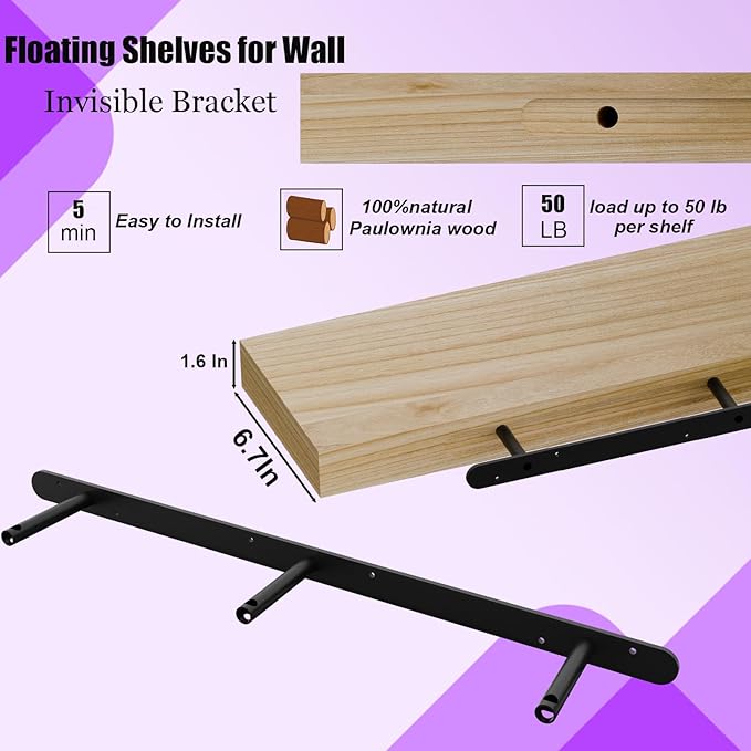 IAE Floating Wall Shelves 55 inch,Bathroom Shelves Wall Mounted,Invisible Shelves Floating Kitchen Shelves,Wooden Wall Shelves with Brackets for Living Room Wall Mounted,Easy Install,Set of 2,Natural-Ruum Studio Home