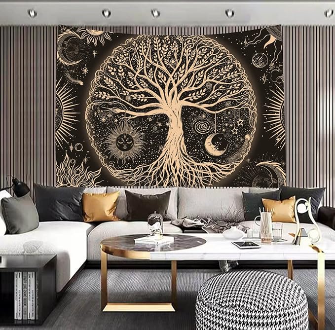 FORATER Tree of Life Tapestry Wall Hanging Sun Moon Stars Tapestries Aesthetic Galaxy Wall Tapestry Nature Home Decoration for Living Room Bedroom(61 x 82 Inch, Black and Gold)-Ruum Studio Home