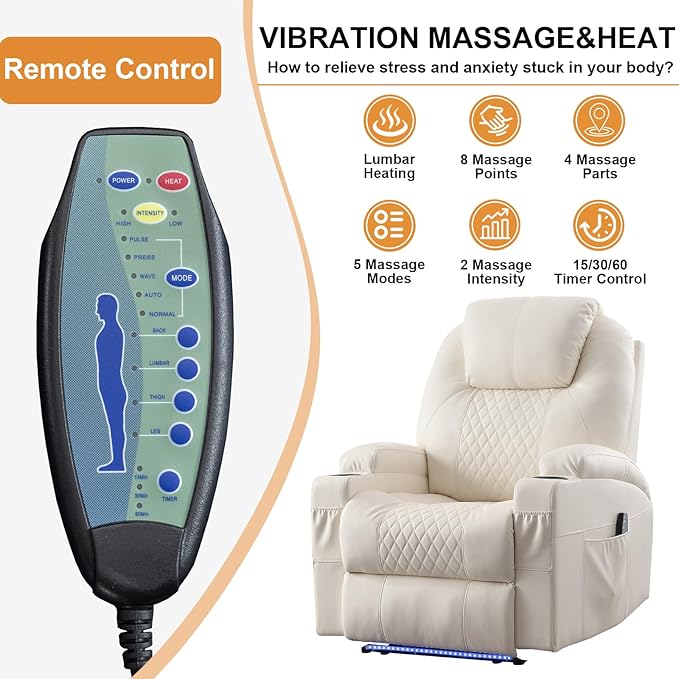 AHMED Power Recliner Chair with Vibration Massage & Heat for Adults, Faux Leather Home Theater Seating with Cup Holders/LED Lights/USB Ports/Side Pockets for Living Room, Beige-Ruum Studio Home