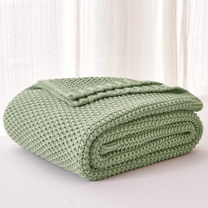 Chunky Cable Knit Throw Blanket Lightweight Light Green 100% Organic Cotton Blanket for Sofa Couch Bed Baby Nursery, Rustic Shabby Chic Modern Farmhouse, 60” x 80” Bonus Laundering Bag-Ruum Studio Home