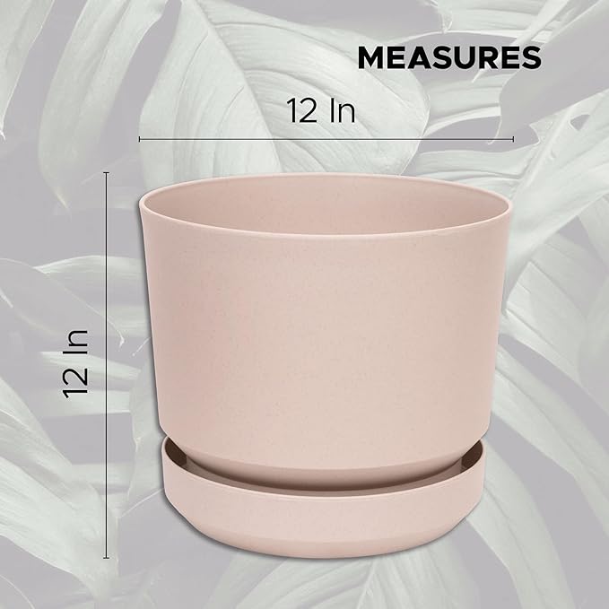 Elly Décor 12 inch Plastic Cylinder Planter Pot with Self-Watering Saucer and Drainage Hole,Lightweight & Extremely Durable, 12"x 12", Ivory-Ruum Studio Home