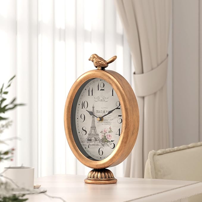 Vintage Table Clock with Bird, Desk and Shelf Decor Clock, French Paris Style, Antique Gold Metal Mantel Clocks for Living Room, Farmhouse, Bedroom, Bedside, Gift (10" H x 5.9" W)-Ruum Studio Home