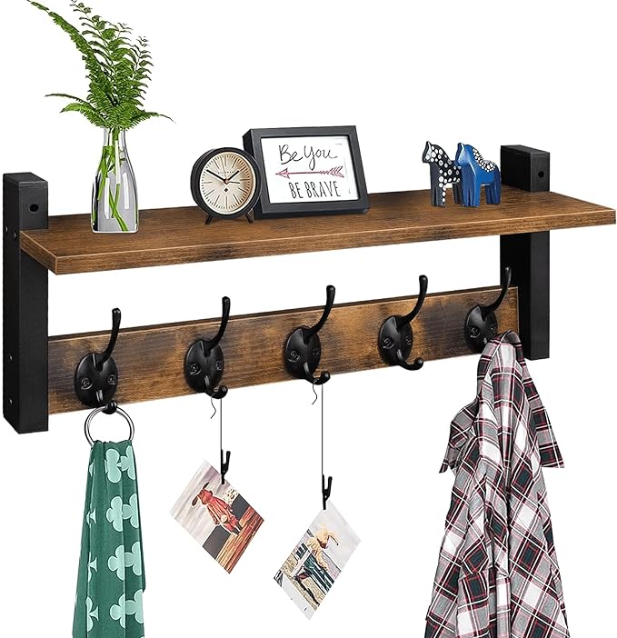 Homode Wall Hooks with Shelf, Wood Coat Rack with Shelf Wall-Mounted, Entryway Hanging Shelves with 5 Metal Hooks for Clothes Hats Towel Purse Robes, Bathroom Mudroom Bedroom, Rustic Brown Black-Ruum Studio Home