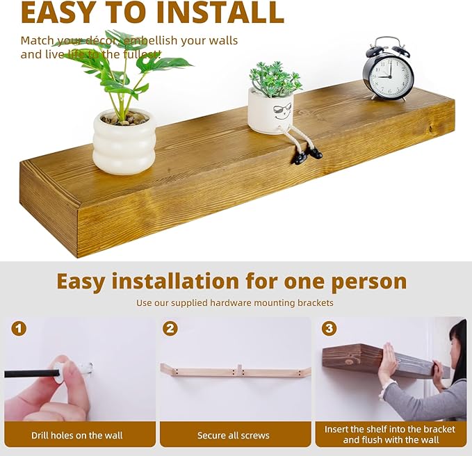 Floating Shelves 3 inch Thick for Wall Set of 2,Solid Pine Wood Wall Mount Shelf for Kitchen Living Room Bedroom Bathroom,8" D x 24" L x 3" H-Gold Oak-Ruum Studio Home