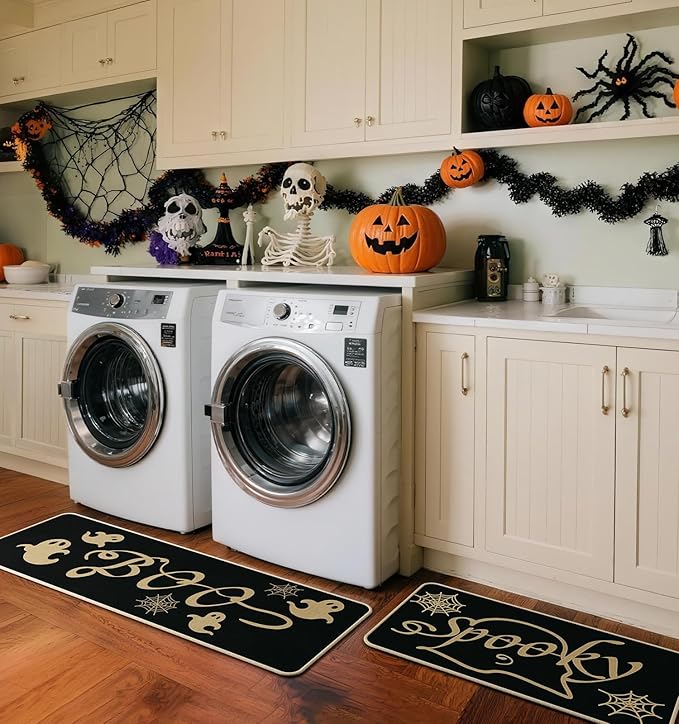 Halloween Kitchen Mat Set of 2, Spooky Spider Web Ghosts Boo Halloween Decor, Halloween Rug for Floor, Indoor Home Decor with Non-Slip Backing,17 x 29 Inch & 17 x 47 Inch-Ruum Studio Home