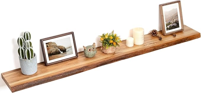 Floating Shelves for Wall Decor, Rustic Solid Elm Wood Live Edge Floating Shelves Wall Mounted, Wall Shelves with Invisible Bracket for Living Room Bathroom Bedroom Kitchen, 55 Inch, Natural-Ruum Studio Home
