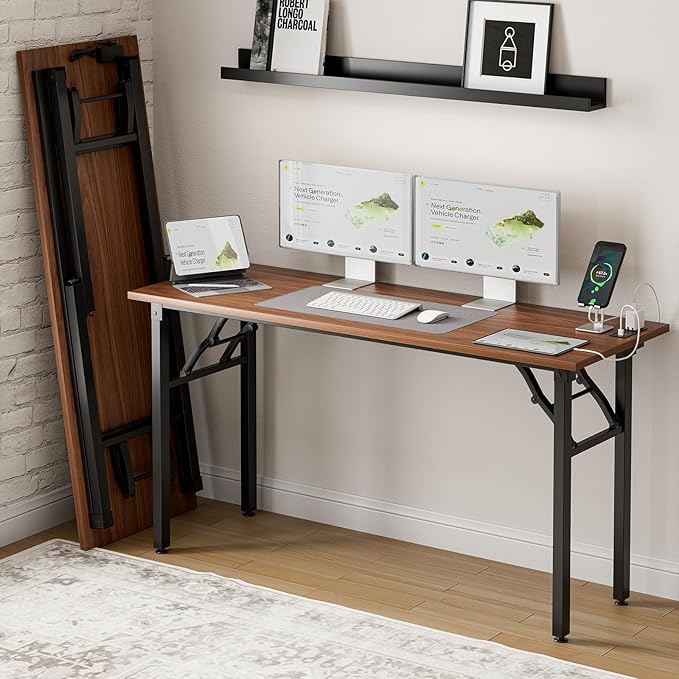 Frylr Small Folding Computer Desk – 55.1 Inch Portable Table for Craft and Study, Lightweight Desk for Small Spaces, Foldable Laptop Table Built-in AC/USB Outlets for Convenience, Dark Walnut-Ruum Studio Home