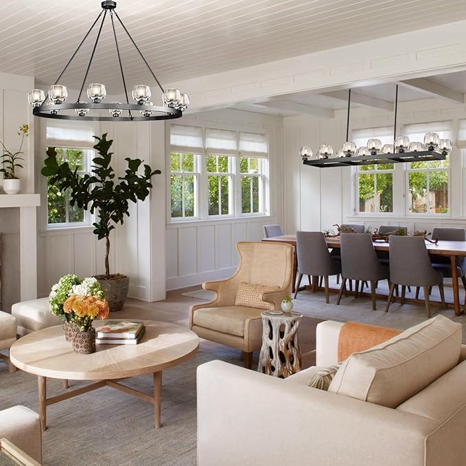 Black Wagon Wheel Chandelier, 48 Inch Black Chandeliers with Unique Glass Shade, 12-Light Crystal Large Wagon Wheel Chandeliers for Dining Room, High Ceiling Round Chandelier for Living Room, Foyer-Ruum Studio Home