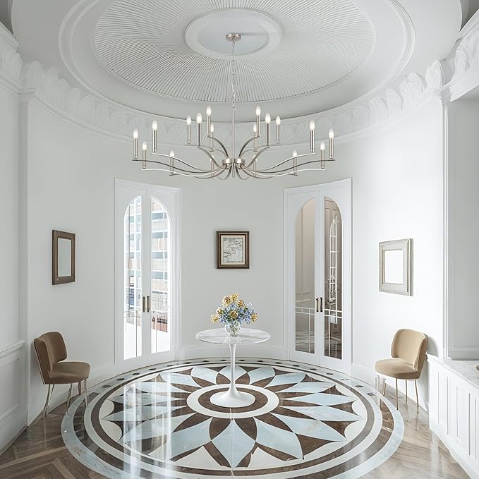 18 Light Nickel Living Room Chandelier High Ceiling Foyer Candle Chandelier Large Modern 59in Metal Chandeliers Hanging Light for Master Bedroom Dining Room Light Fixture Over Table-Ruum Studio Home