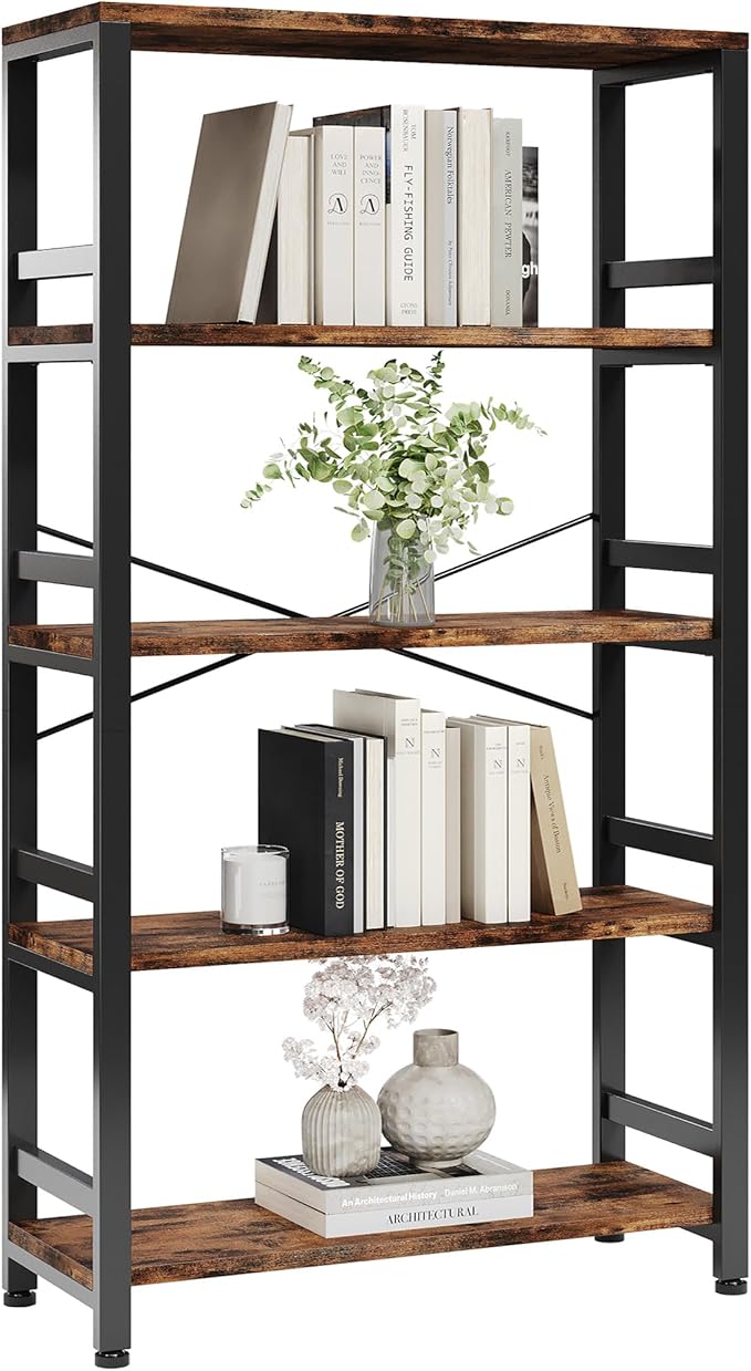 IRONCK Bookshelves and Bookcases, 31.5in Wide Shelf 5-Tier Ladder Shelf 110lbs/shelf Vintage Industrial Style Bookcase for Bedroom Living Room Home, Vintage Brown-Ruum Studio Home