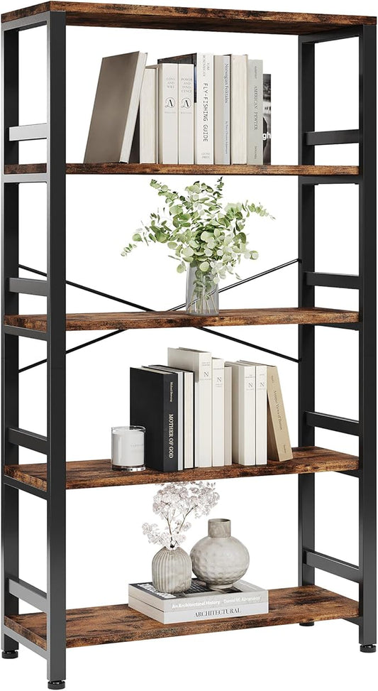 IRONCK Bookshelves and Bookcases, 31.5in Wide Shelf 5-Tier Ladder Shelf 110lbs/shelf Vintage Industrial Style Bookcase for Bedroom Living Room Home, Vintage Brown-Ruum Studio Home