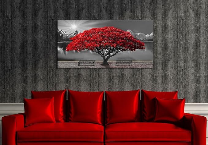 Black and White Red Tree Wall Art Canvas Print Picture Large Red Tree Landscape Modern Artwork for Living Room Bedroom Office Home Wall Decor With Frame 24X48inch-Ruum Studio Home