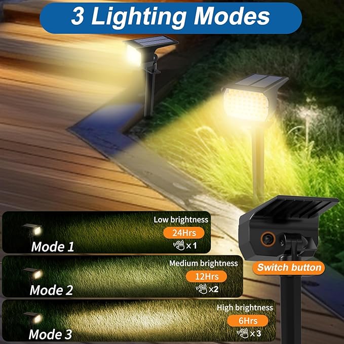 Solar Spot Lights Outdoor Waterproof IP65, 2 Pack Landscape Spotlights with 46 LEDs, 3 Modes Auto On/Off Solar Powered Flood Lights for Outside Pathway, Yard, Garden, Walkway (Warm White)-Ruum Studio Home