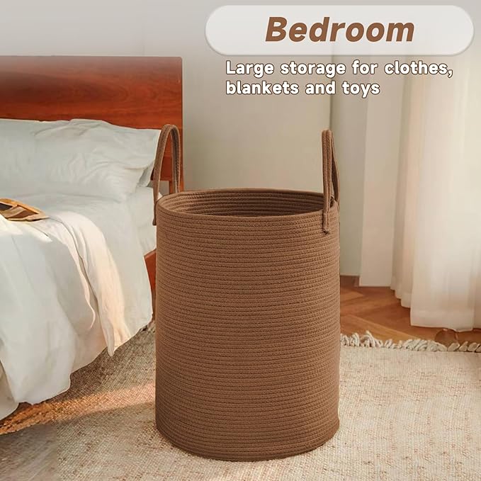 Large Woven Laundry Basket Hamper,60L Cotton Rope Storage Bin for Blankets,Toys and Clothes,Decorative Tall Nursery Hamper for Living Room,Baby Nursery,Bathroom and Bedroom,Golden Jute-Ruum Studio Home