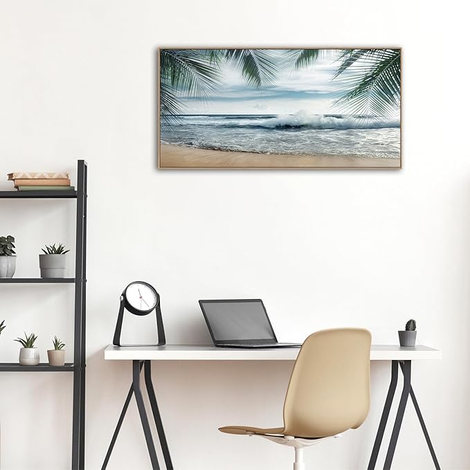 Framed Tropical Beach Wall Art - Ocean Waves Canvas Pictures Coastal Blue Sky and Sea Print Seaside Palm Tree Leaves Scene Painting Artwork Living Room Bedroom Office Home Decor 20" x 40"-Ruum Studio Home