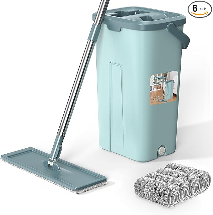 Aifacay Mop and Bucket with Wringer Set, Flat Wall Mop and Bucket Set with 4 Reusable Microfiber Pads, Hand Wash Free Floor Cleaning System Wet and Dry Use for Hardwood Tile Window Corner Baseboard-Ruum Studio Home