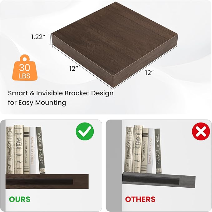 Square Floating Shelves for Wall, 12" W x 12" D x 1.2" H, Small Wooden Wall Mounted Display Shelves with Invisible Brackets for Living Room, Bedroom, Bathroom, Kitchen Decor, Set of 3, Walnut-Ruum Studio Home