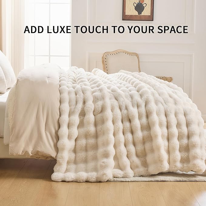 Cozy Faux Fur Throw Blanket for Bed-Warm Fuzzy Throw Blanket, Soft Plush Thick Bubble Blankets for Bedroom and Living Room, Furry Luxury Blanket, 60 x 80, Cream-Ruum Studio Home