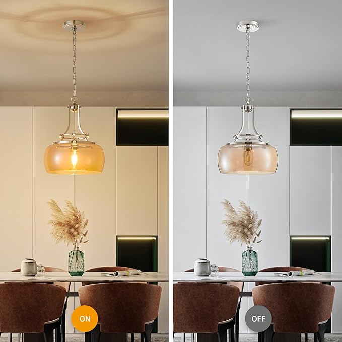WUZUPS Nickel Chandelier Rustic Farmhouse Industrial Round Ceiling Pendant LED Light Fixture with Amber Glass Shade for Dining Room Kitchen Island Foyer Entryway, H 17" W 13.4", E26 Base-Ruum Studio Home