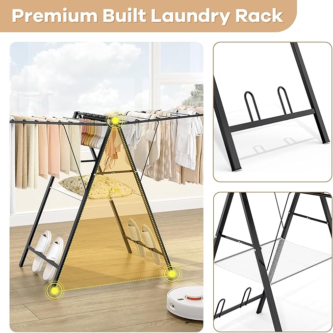 APEXCHASER Foldable Clothes Drying Rack, Metal Laundry Drying Rack Collapsible, Ultra Thin Clothes Rack for Sweater Bra Towel for Indoor & Outdoor Use, Height Adjustable Gullwing Clothes Airer, Black-Ruum Studio Home