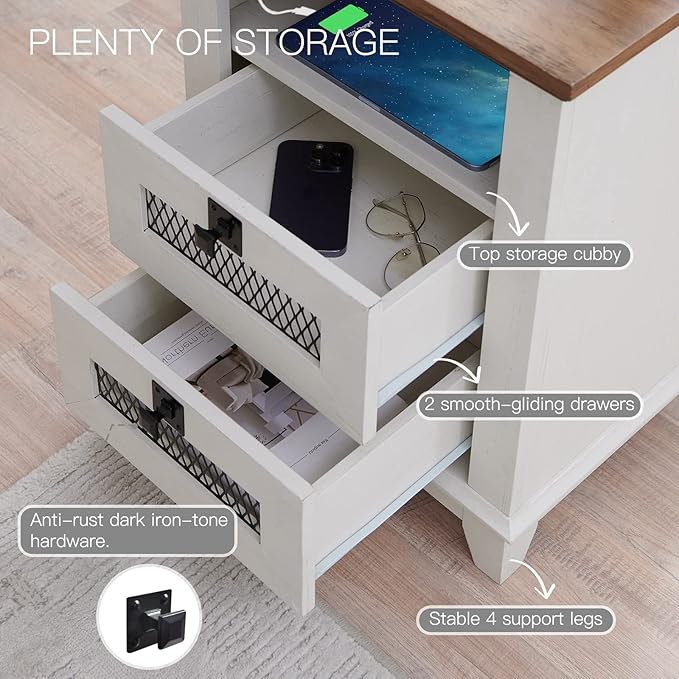 Nightstand with Charging Station,OKD 18'' Industrial & Farmhouse Square End Table w/ 2 Drawers & Open Cubby, Rustic Mesh Drawer Sofa Side Table w/Storage for Bedroom, Living Room Office, Antique White-Ruum Studio Home