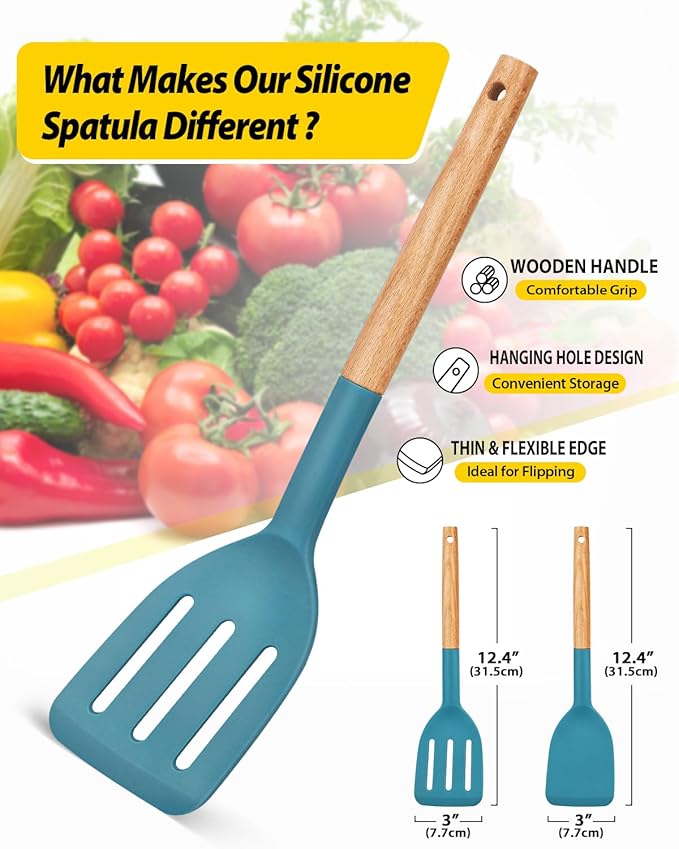 Pack of 2 Silicone Cooking Spatula, Heat Resistant Solid Turner, Non Stick Slotted Spatulas with Wooden Short Handle,Ideal Wood Kitchen Utensils Set for Frying, Baking, Flipping, Turning-Ruum Studio Home