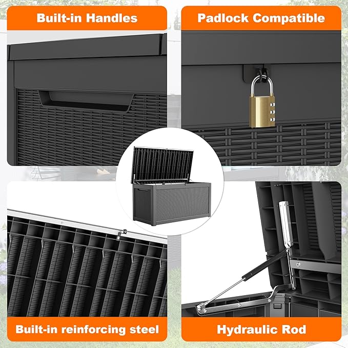 260 Gallon Resin Deck Box, Lockable Patio Outdoor Storage Box for Furniture, Garden Tools and Tools Storage, Waterproof Outside Storage Boxes - Black-Ruum Studio Home