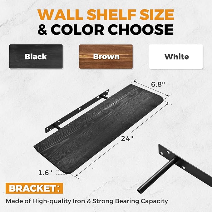 24"x6.8"x1.6" Slanted Floating Wall Shelves 2-Pack - Rustic Black Finish, Heavy-Duty Solid Wood Design with Hidden Brackets - Perfect for Living Room, Kitchen, Bathroom, or Office-Ruum Studio Home