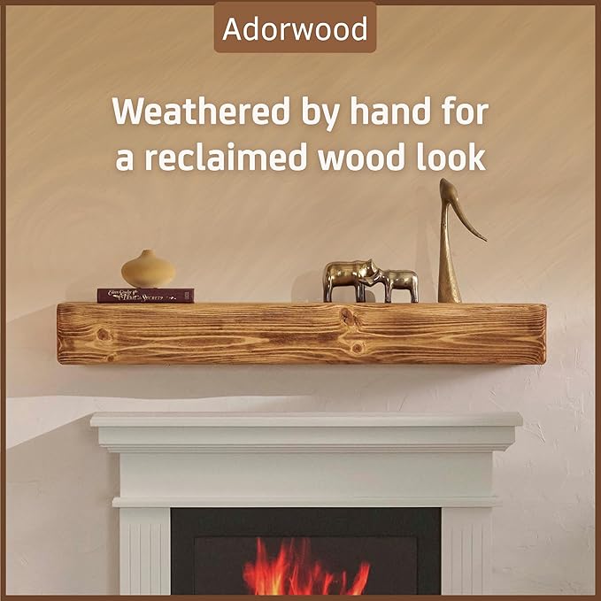 Handmade Fireplace Mantel Shelf 72", Extra Wide Rustic Wood Mantles for Over Fireplace, Wall Mounted Floating Mantel Shelves for Living Room Decor (Light Rustic, 72Lx6Hx8D)-Ruum Studio Home