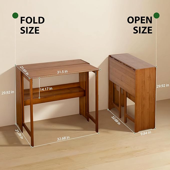 31.5" Bamboo Folding Desk,Space-Saving Computer Desk for Small Spaces, Foldable Study Table for Bedroom, Home Office, Dorm, Apartment（Brown-Ruum Studio Home