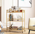 Square Gold Bar Carts with 3 Tier Storage Glass Shelves Holder Home Serving Bar Carts on Wheels for Kitchen, Bar, Dinning Room-Ruum Studio Home