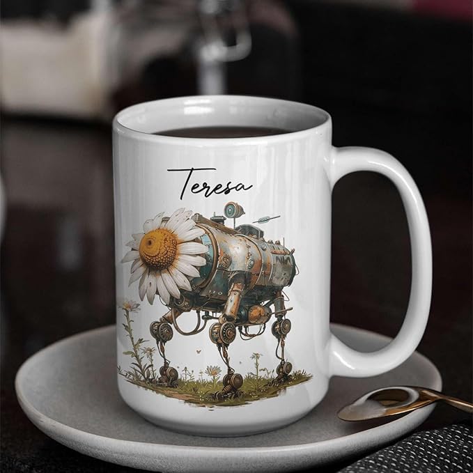Customized Robotic Daisy Coffee Mug 11oz Or 15oz, Personalized Name On Mechanical Flower Mug, Novelty Ceramic Cup Gift For Tech Enthusiasts, Custom Nature Inspired White Mug-Ruum Studio Home