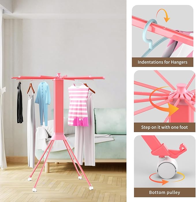 Clothes Drying Rack Foldable & Collapsible Drying Racks with 4-Leg Octopus Design, Large Capacity Space Saving Indoor Drying Rack for Bedroom,Balcony,Laundry for Indoor/Outdoor Use（Pink）-Ruum Studio Home