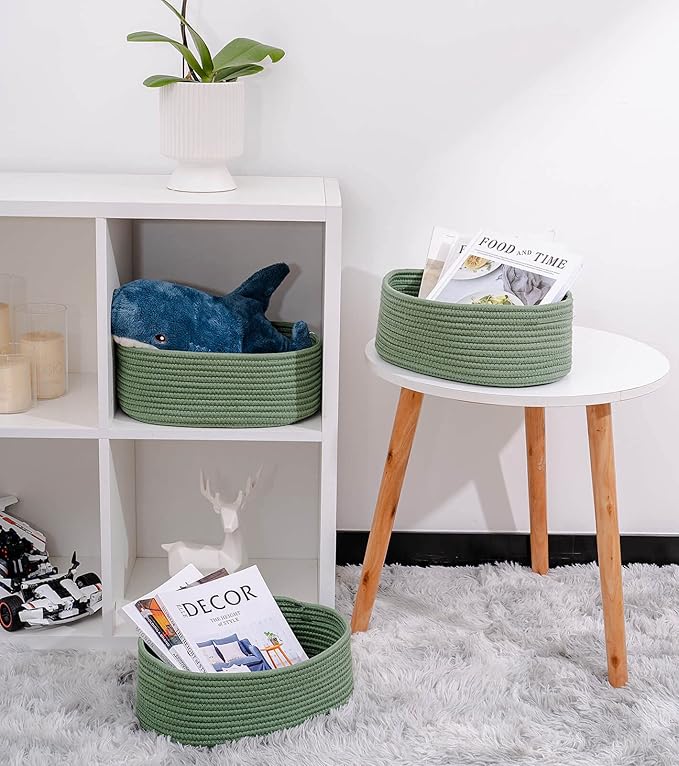 Shelf Storage Baskets for Organizing|Decorative Basket for Closet Storage|Toy Baskets&Bins|Small Woven Rope Baskets-13x8.66x5.11’’,Durable&Stylish,Oval 3 Packs Green-Ruum Studio Home