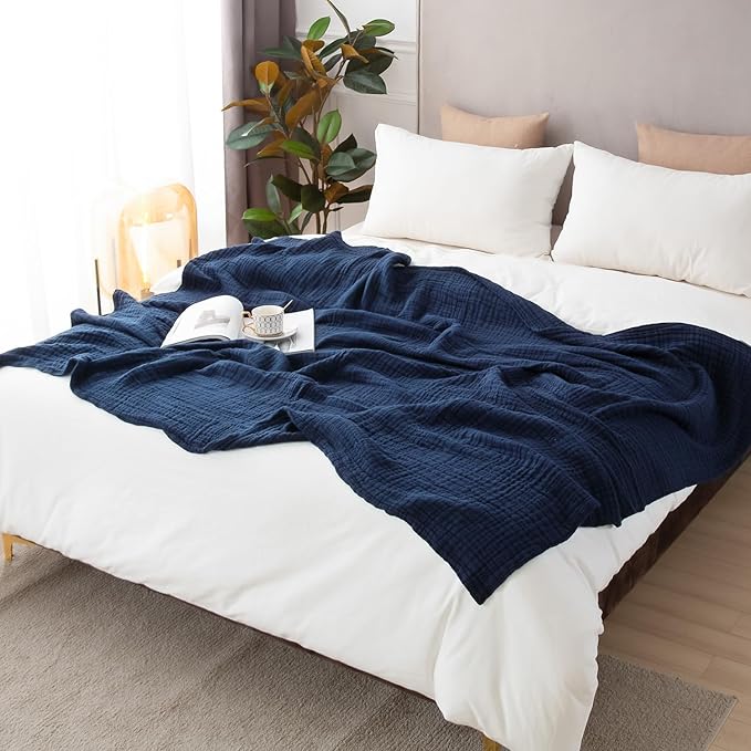 EMME Cotton Muslin Blanket King Size - Soft, Breathable Layering Blanket, 108"x90", All Season Gauze, Navy-Ruum Studio Home