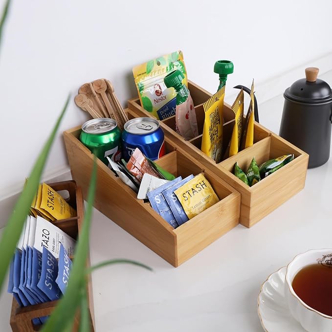HTB 4-Section Snack Organizer with Removable Dividers for Kitchen, Cabinet, Office, Countertop, 2 Pack Bamboo Pantry Storage Organization for Spice Packets, Seasoning Pouches, Coffee Pods-Ruum Studio Home