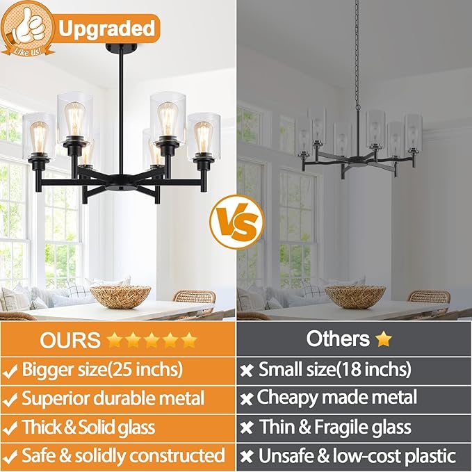 Black Chandeliers, 6 Light Dining Room Light Fixtures Over Table, Farmhouse Chandeliers for Dining Room with Clear Glass Shade for Kitchen Island Living Room Bedroom Bathroom, Height Adjustable-Ruum Studio Home