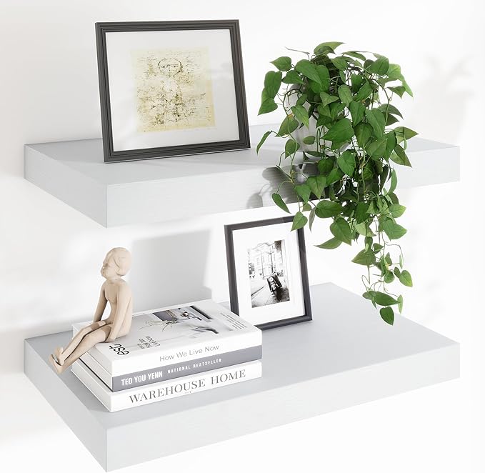 Heimlove 24 x 12 Inch Deep Floating Shelves Wall Mounted with Invisible Brackets,Storage Hanging Shelf for Wall Decor in Bathroom, Bedroom, Toilet, Kitchen, Living Room, Office Set of 2 (White)-Ruum Studio Home