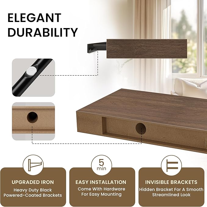 Square Floating Shelves for Wall, 8" W x 8" D x 1.2" H, Small Wooden Wall Mounted Display Shelves with Invisible Brackets for Living Room, Bedroom, Bathroom, Kitchen Decor, Set of 4, Walnut-Ruum Studio Home
