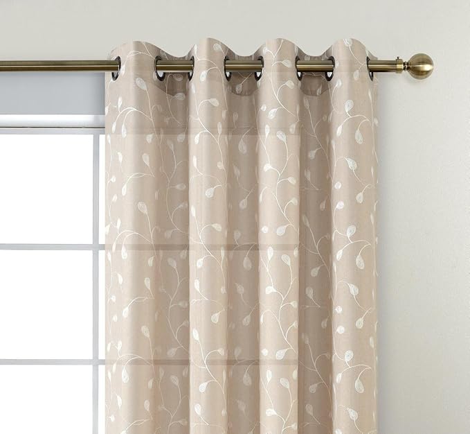 MIUCO Floral Embroidered Semi Sheer Curtains Faux Linen Grommet Window Drapes for Living Room 52 x 95 Inch 1 Pair Set, Linen-Ruum Studio Home
