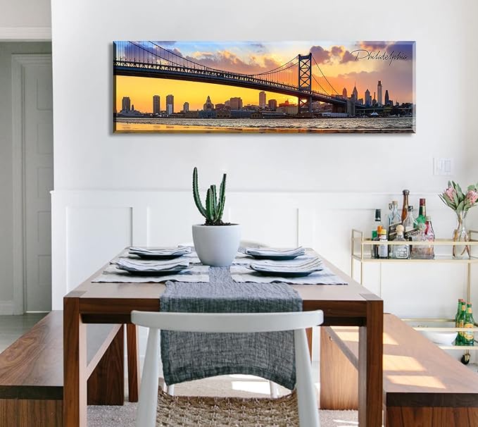 Philadelphia Skyline Wall Art Cityscape Living Room Decor Panorama Pictures City Building House Poster Canvas Print Bridge Sunset Scenery Office Bedroom Decorations Framed 13.8"x45.3"-Ruum Studio Home