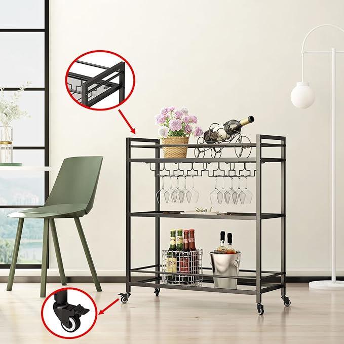 Glass Black Bar Carts for Home with Hanging Wine Rack - Home Bar Serving Cart with 3 Mirrored Shelves, Kitchen Bar Carts, Wine Cart for Entertaining, Club Party.-Ruum Studio Home
