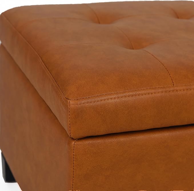 Adeco 17.5" Faux Leather Storage Ottoman with Hinged Lid, 14 Inch High Square Cube Foot Stool with Storage, Upholstered Vanity Stool with Solid Wood Legs for Living Room, Bedroom, Dorm (Warm Orange)-Ruum Studio Home