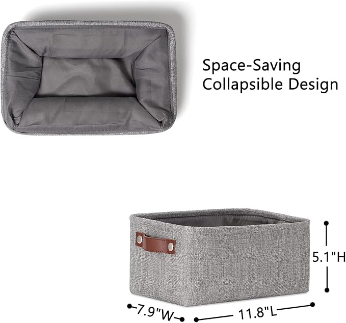 DULLEMELO Small Storage Baskets 11.8"x7.9"x5.1", Fabric Storage Bins for Shelves,Closets,Nursery,Home,Office [3 Pack], Collapsible Storage Baskets with Leather Handles (Gray)-Ruum Studio Home
