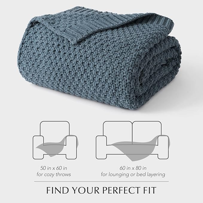 Chunky Chenille Knit Throw Blanket for Couch, Soft Luxurious Moss Stitch Blankets for Bed, Cozy Decorative Farmhouse Knitted Throws for Sofa, Stormy Blue, 60" x 80"-Ruum Studio Home